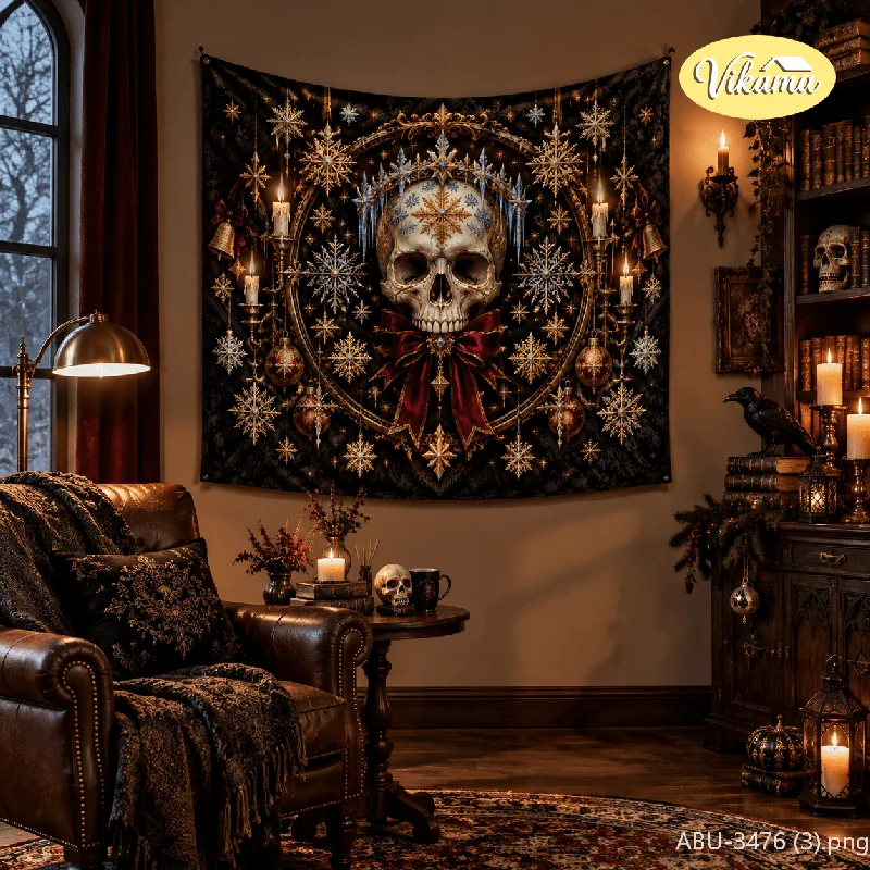 VIKAMA Gothic Skull Snowflake Crown Wall Tapestry Bow Candle Gold Frame Dark Christmas Home Decor Vibrant Art Soft Durable Cozy