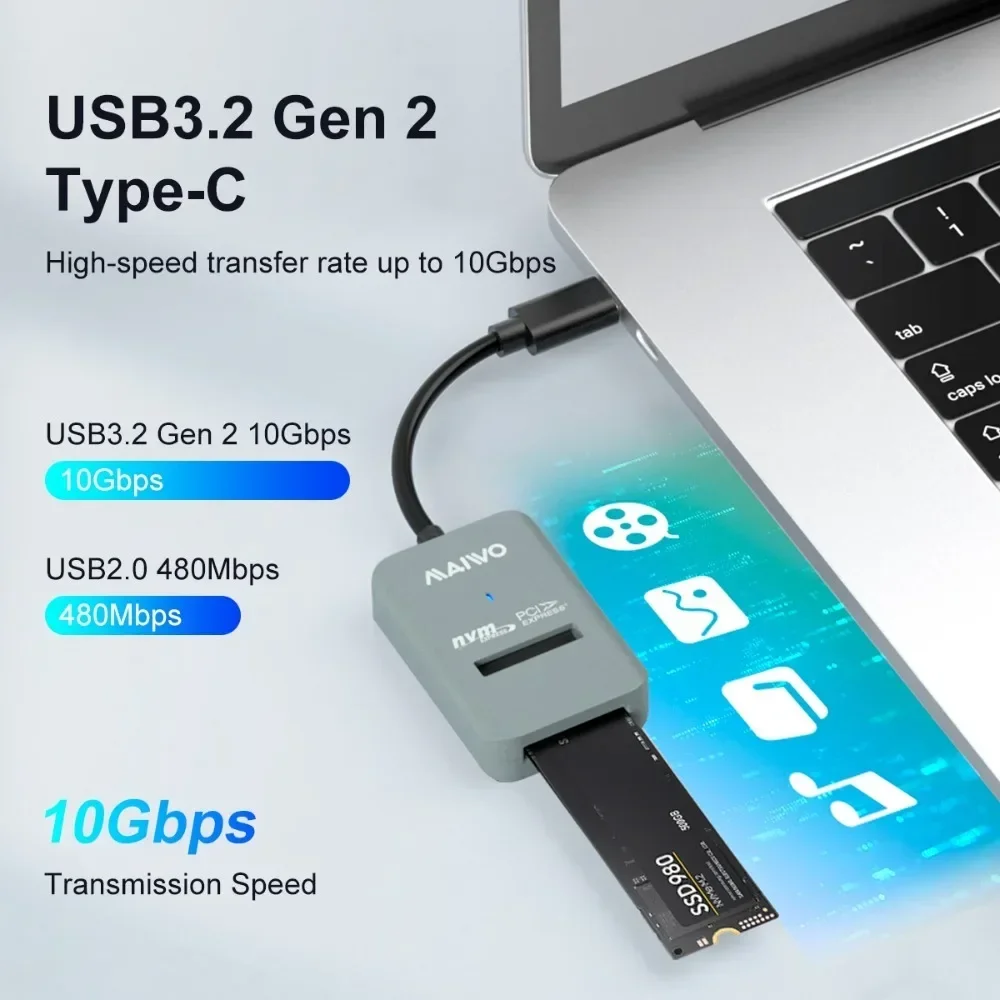 MAIWO 10Gbps M.2 NVME SSD Enclosure Case Type-C M2 PCIE NVME SSD Adapter Tool-Free Supports2230/42/60/80/22110 M-Key SSDs