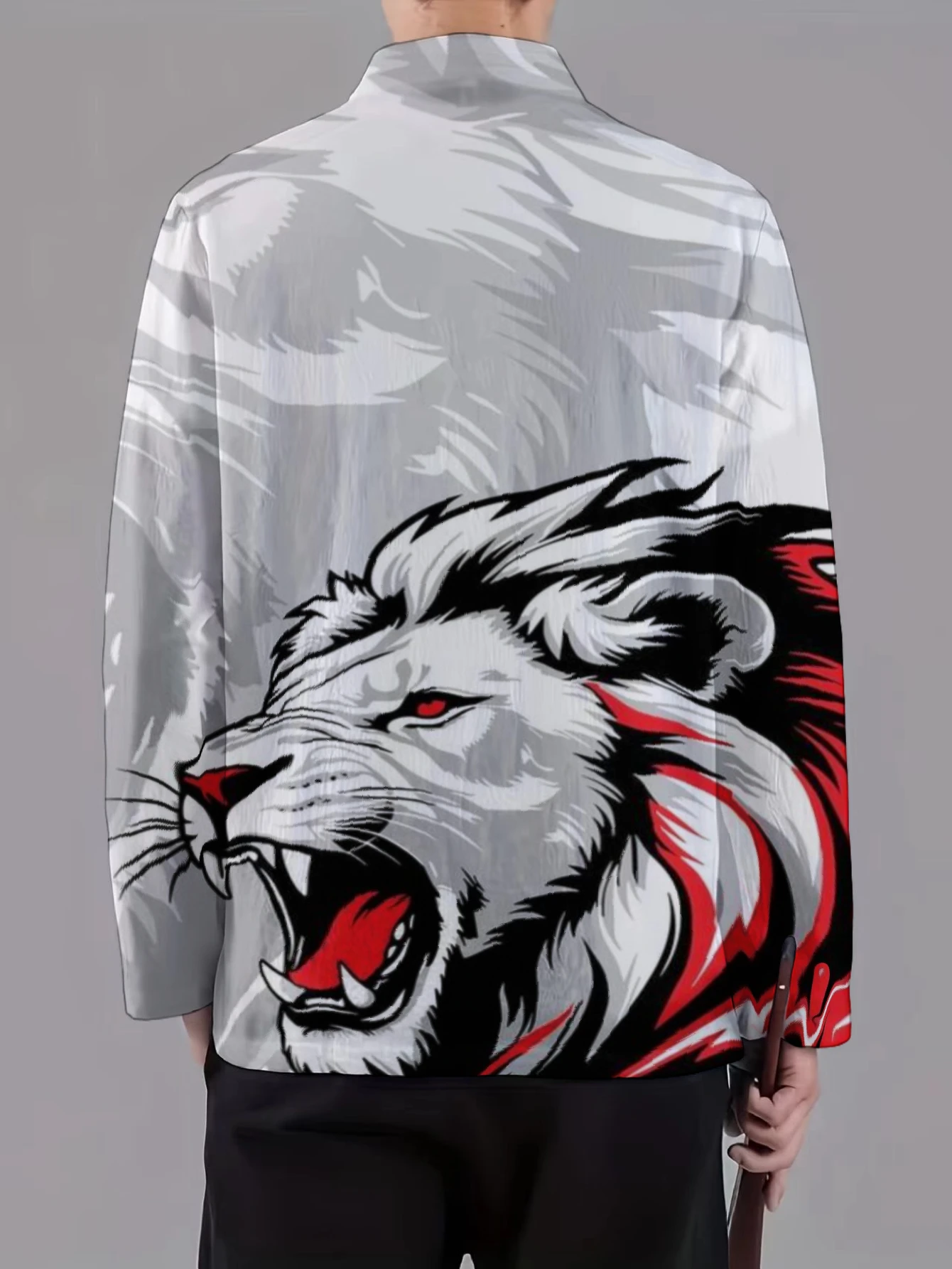 Men Mandarin Collar Frog Button Jacket Wolf Panda Skull Tiger Ink Art Print Traditional Outerwear