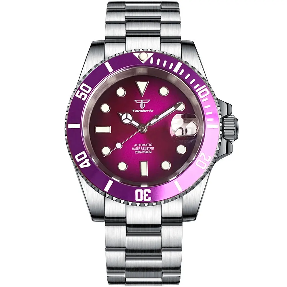 Tandorio SUB 40mm Luxury Top Purple dial 200M Waterproof Diving Men Watch Selfwing NH35 316L Steel Diver Wristwatch Jewelry