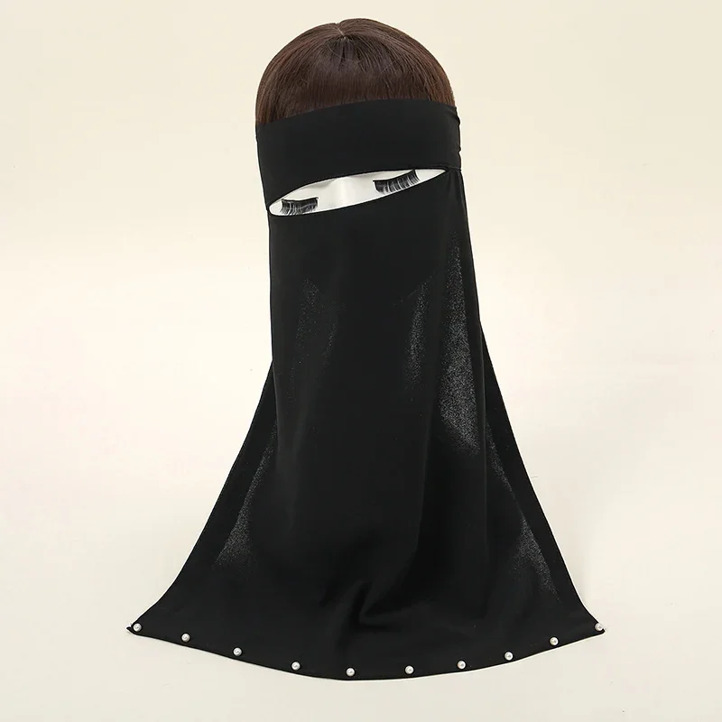 Black Beading Chiffon Scarf Niqab Pearl Face High Quality Black Chiffon Niqab Muslim Face Cover Hijab Islamic Scarf Women Prayer