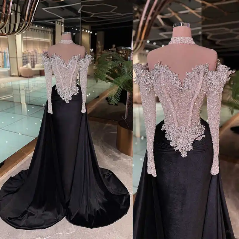 

Shiny Off Shoulder Mermaid Prom Gowns Long Sleeve Evening Dresses Crystals Beadeds Dinner Party Custom Made