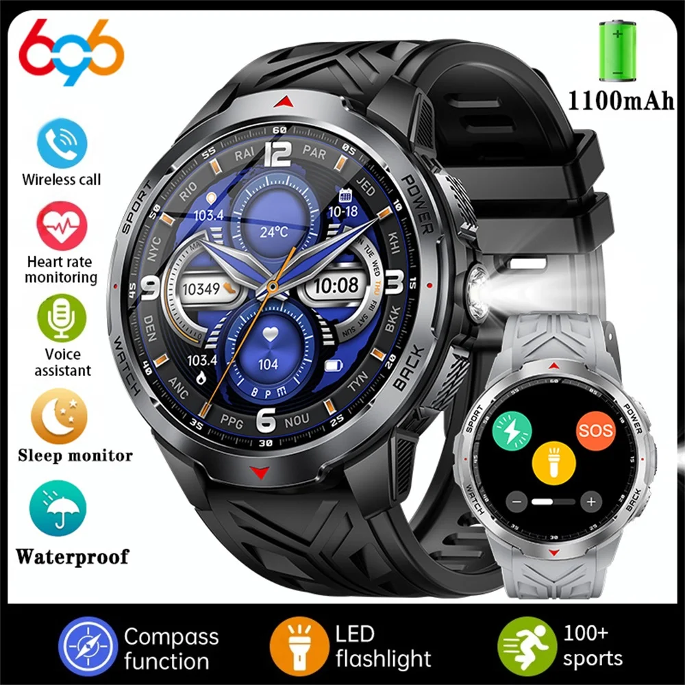 

Sports Fitness Smartwatch Health Women Smart Watches Men Flashlight Compass 1100mah Ultra Long Battery BT Call 3ATM Waterproof