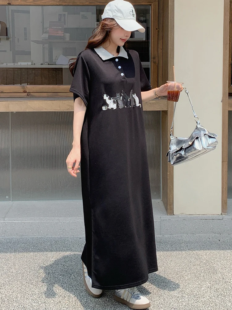 NYFS 2025 فستان نسائي كوري صيفي جديد من فيستدوس رداء Elbise فضفاض مقاس كبير برقبة بولو مطبوع وأكمام قصيرة فساتين طويلة #3