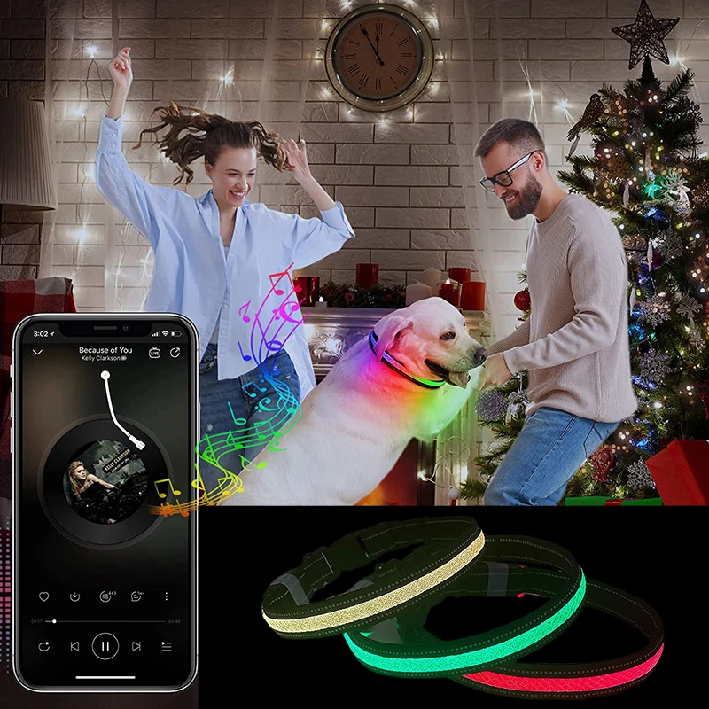 Reflective Dog Collar Electronic Bluetooth App Usb Rechargeable Waterproof LED Luminous Collar For Dogs Pets Small Large Breed