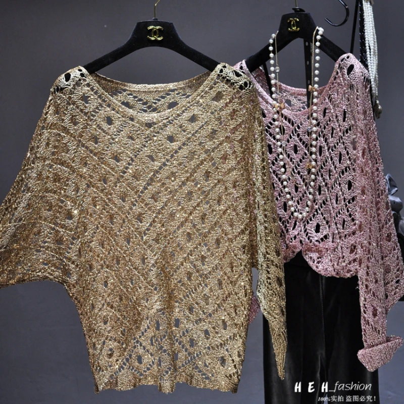 Herfst Kleding Voor Vrouwen 2024 Mode Sexy Pailletten Hol Losse Goud Heldere Zijden Jurk Vleermuizen Lange Mouwen Ronde kraag Breien