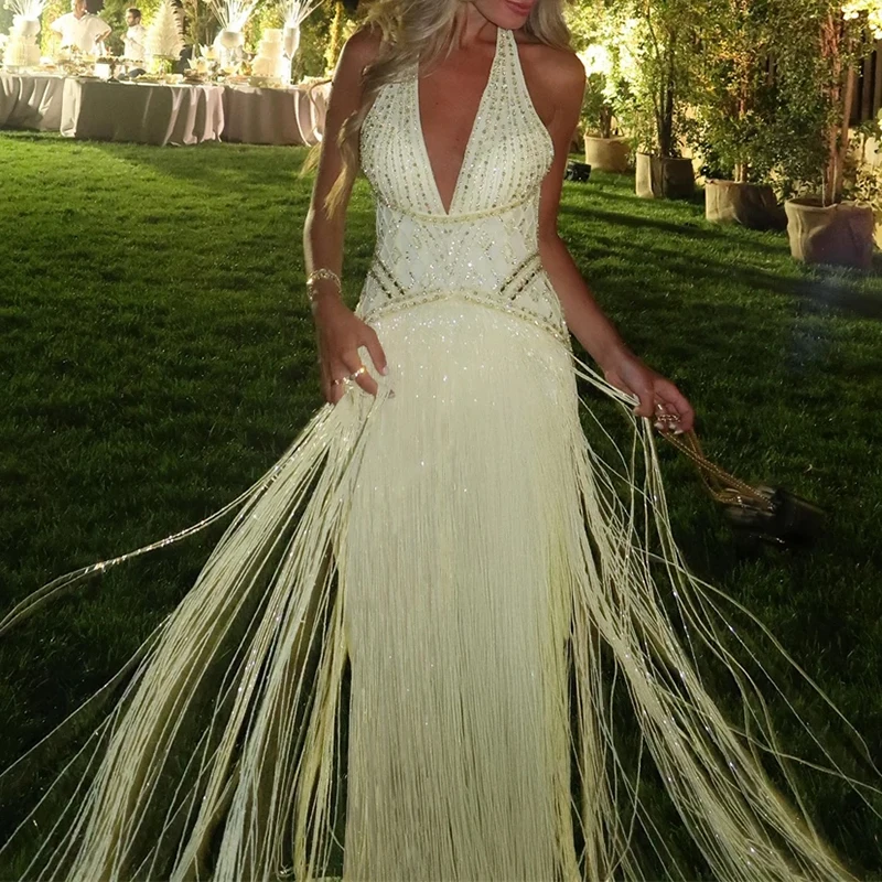 

Сексуальное вечернее платье с открытой спиной и вырезами, глубоким V-образным вырезом на шее, завышенной талией, пайетками и бахромой, облегающее, длинное, для женщин
