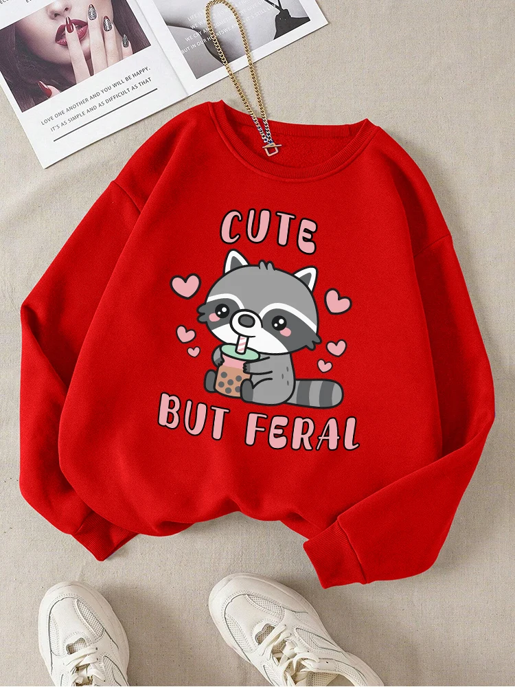 Small Animals Drinking Milk Tea Printing Sweatshirts Female Fashion Basic Hoodie Fleece Warm O-Neck Clothes Loose Casual Tops