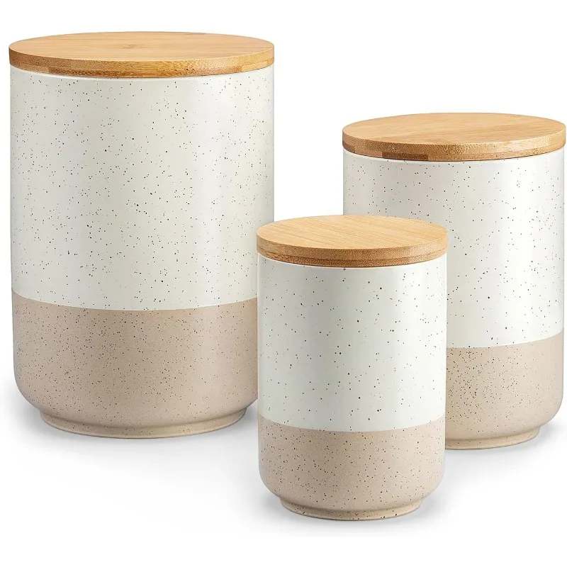 Ceramic Kitchen Canisters for Countertop with Airtight Wood Lids, Large Flour and Sugar Containers for Coffee