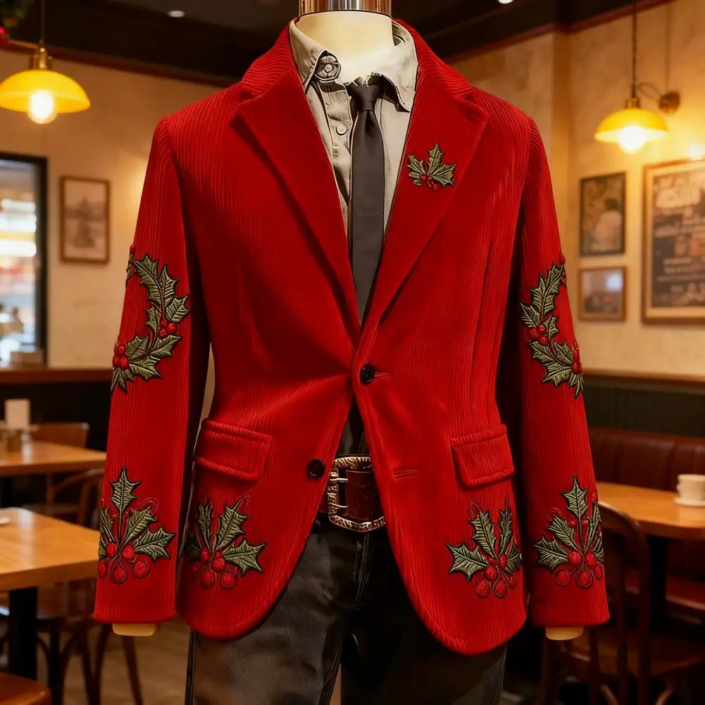 Men Corduroy Suit Coat Christmas And New Year Series Corduroy Digital Printing Festive Suit Jacket Warm Luster Corduroy Jacket