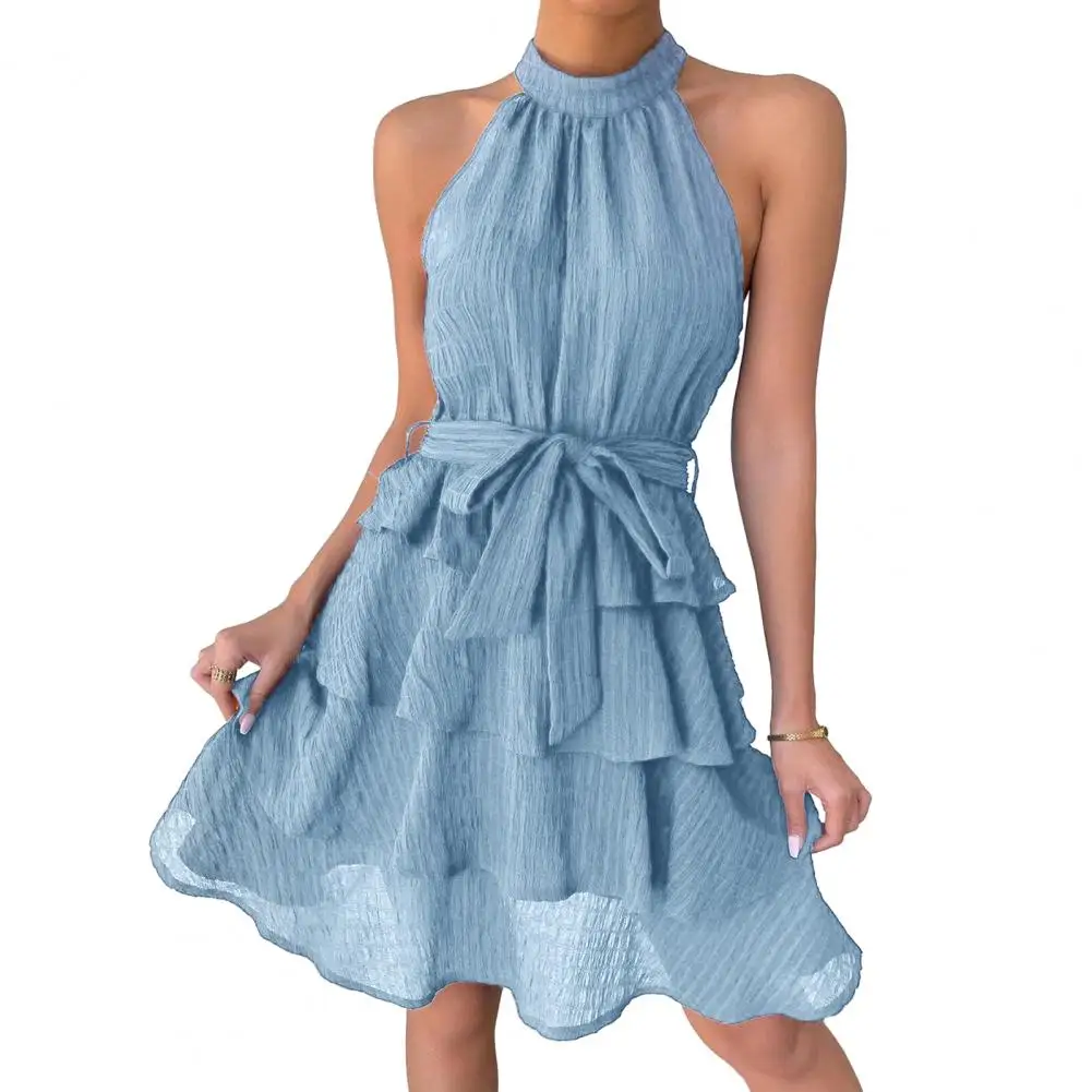 Women Party Dress Off Shoulder Sleeveless Neck Ruffle A-line Loose Hem Solid Color Belted Tight Waist Knee Length