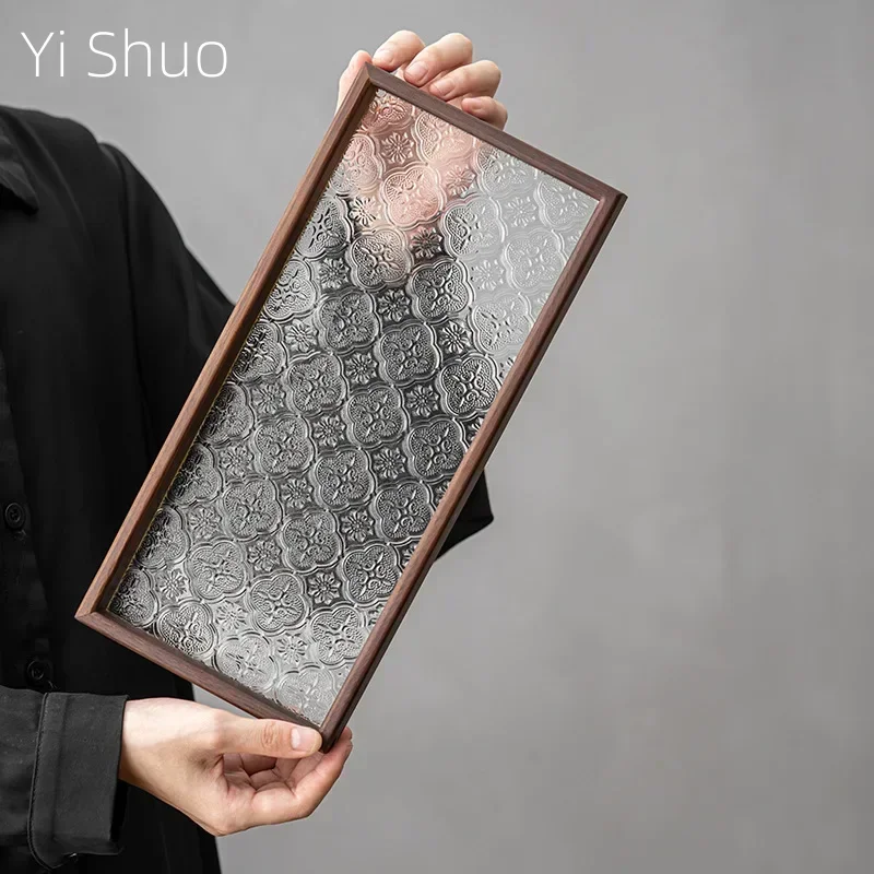 

Begonia Glass Tray Rectangular Walnut Solid Wood Small Tea Tray Cup Storage Fruit Snack Plate Gongfu Tea Tray Tea Table