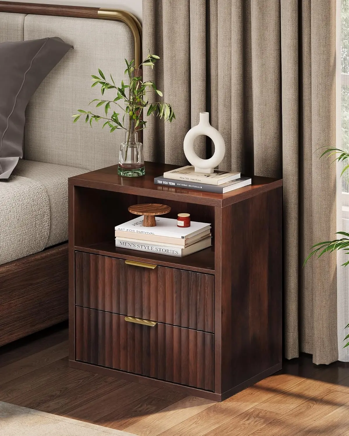 

Fluted Night Stand, Wood Nightstands With 2 Storage Drawers And Open Shelf, Mid Century Modern Bed Side Tables For, Customized