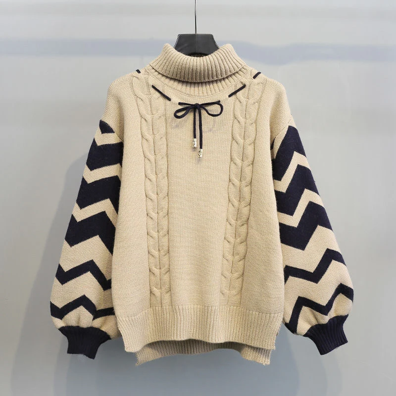 Twisted Turtleneck Pullover Sweater Women Lantern Sleeves Striped Pactchwork Fall Winter Warm Knitted Sweater Casual Lazy Tops