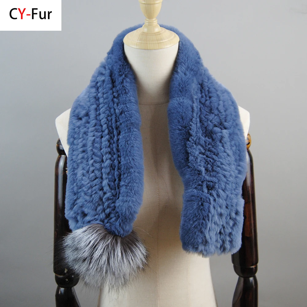 Women Handmade 100% Natural Rex Rabbit Fur Scarf Winter Genuine Fur Mufflers With Fox Fur Pompoms Knitted Real Fur Lady Scarves