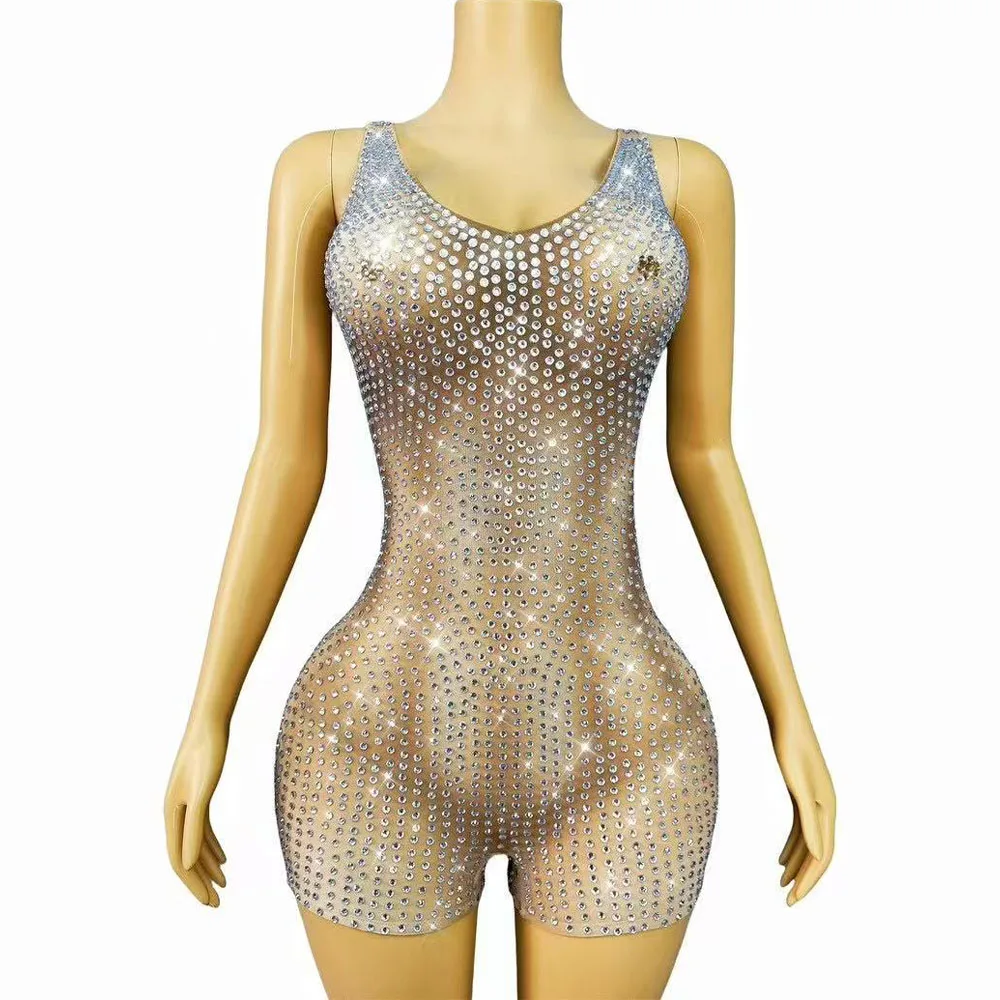 

Sexy Stage Blingbling Little Rhinestones Mesh Bodysuit BIrthday Party Show Outfit Singer Dancer Perform Costume Club vestido