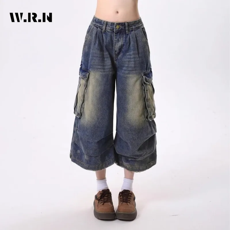 

Женские повседневные брюки до икры в стиле гранж 2000-х годов Y2K Harajuku Street с потертыми карманами, джинсовые брюки, винтажные эклектические джинсы Waif