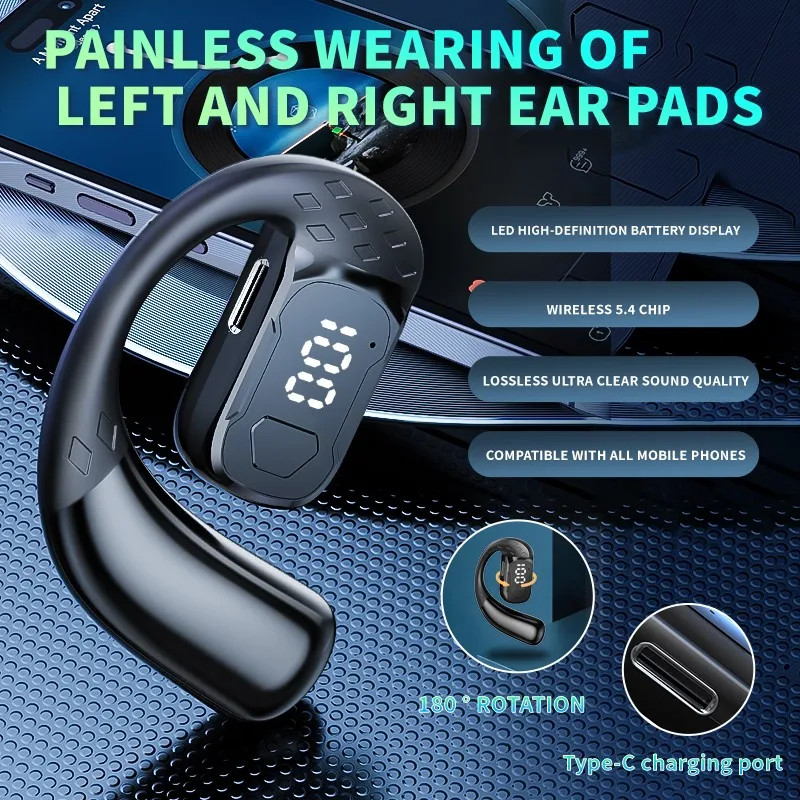 Wireless Bluetooth 5.4 open 180 ° rotating air conduction headset with LED battery display on both ears and microphone earphone