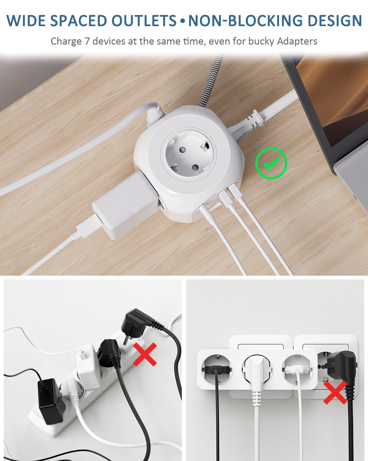 LENCENT Power Strip Cube with 4 AC Outlets +2 QC3.0 USB +1 PD20W Type C 2M/3M Braided Cable Multi Socket with Switch for Home