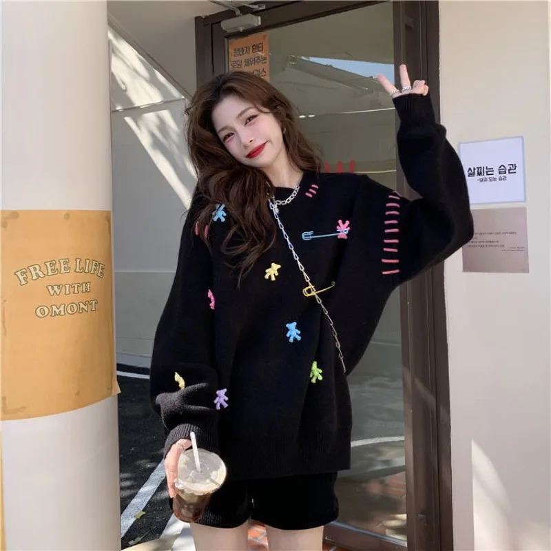 Women Autumn Winter Korean Fashion Loose Cartoon O-neck Long Sleeve Knitwear Women Clothes Sweet All-match Trend Knitting Tops