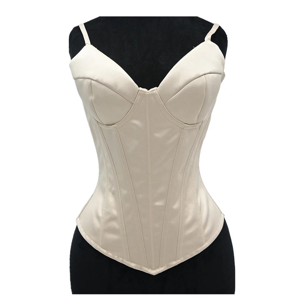 Women Luxury Champagne Satin Overbust Corset Top Sexy Spaghetti Strap Bustier Vest Body Shaper Fishbone Bodice