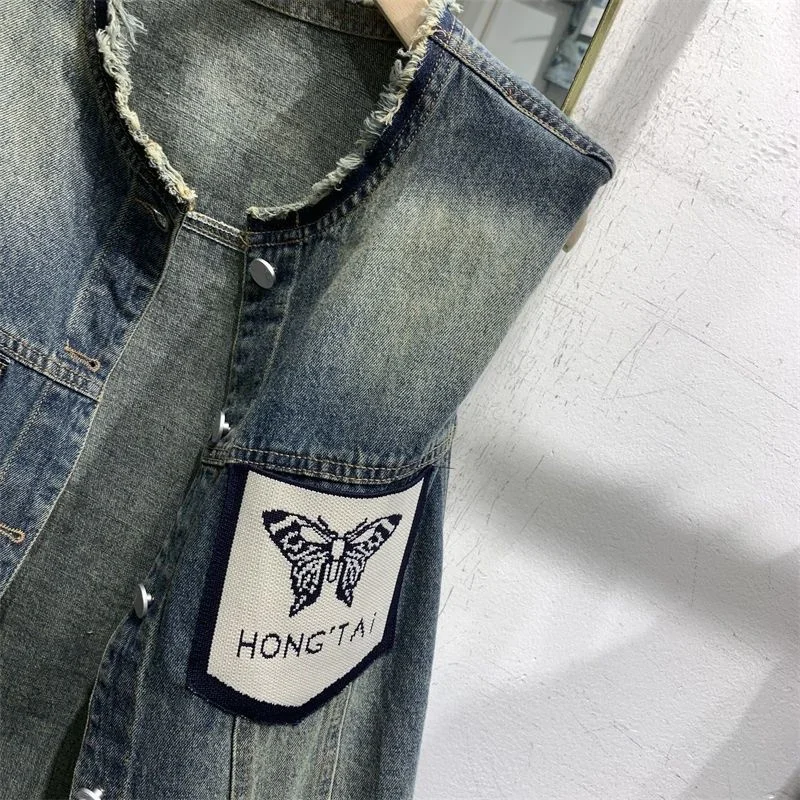 

Femme 2021, модный короткий джинсовый жилет, верхнее пальто, осенняя женская куртка без рукавов, корейская женская куртка большого размера 5XL, джинсовый жилет, верхняя одежда