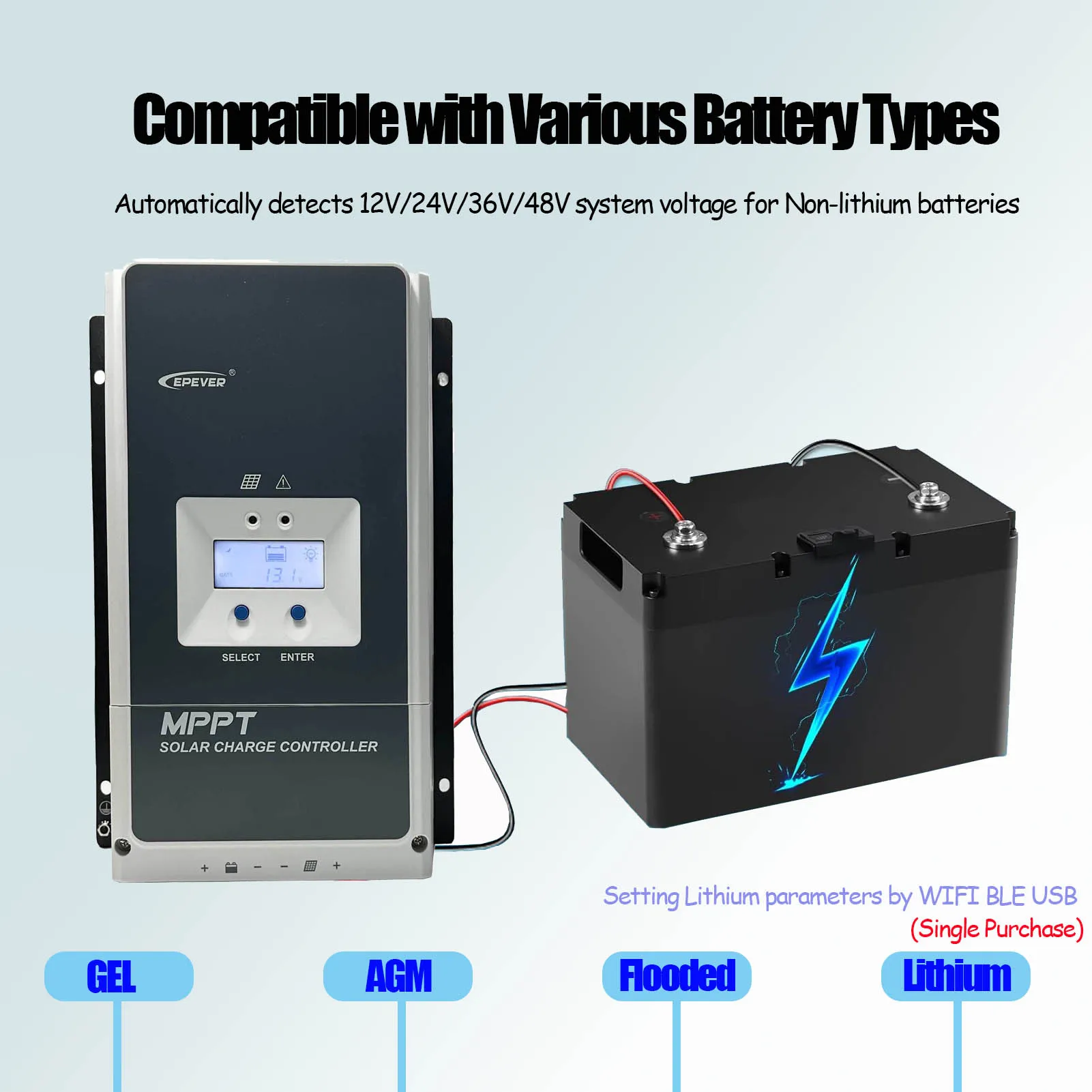 EPEVER 50 60 80A MPPT Solar Charge Controller Max PV Input 150V or 200V With MT50 USB Temperature Sensor