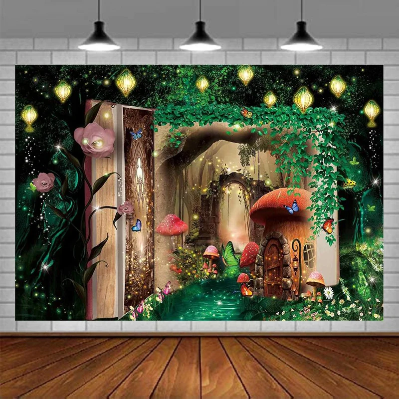 Fondo de fotografía de bosque encantado de cuento de hadas de primavera, jardín, libro de fantasía para niños, decoración de fiesta de cumpleaños, fondo para Baby Shower