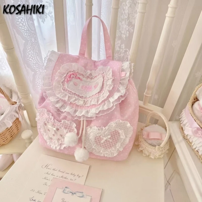 

Women Sweet Kawaii Heart Plaid Mini Backpacks Japanese Girls Y2k Aesthetic Fashion Schoolbag Preppy Cute Patchwork Lace Backpack