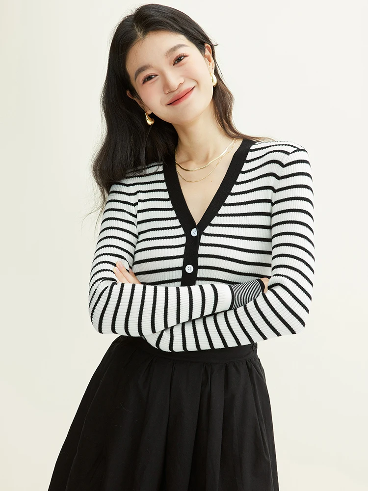 

Женский вязаный кардиган из чистой шерсти с V-образным вырезом, в полоску, приталенный, с длинными рукавами, мягкий, зимний, для повседневной носки, стандартный крой