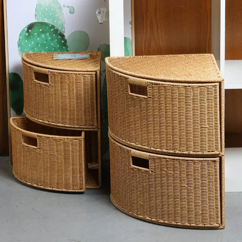 Kens fan rack living room corner storage cabinet imitation rattan braided two-layer finishing basket triangular drawer basket