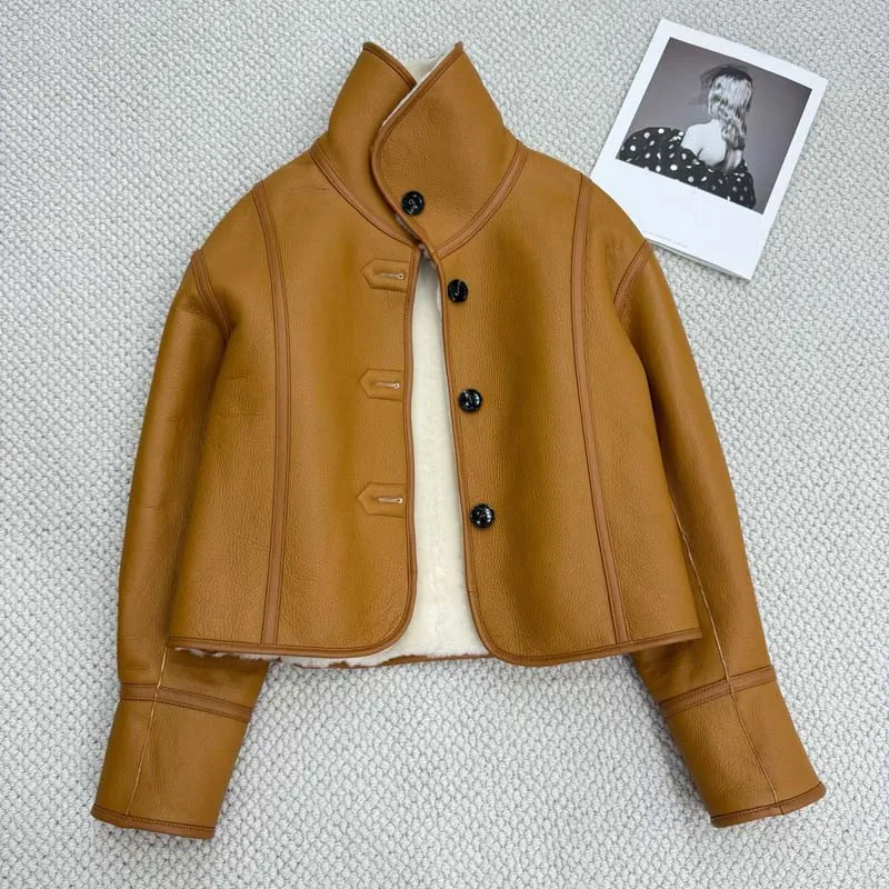 women coat spring natural real sheep fur jacket turn-down collar clothes short length thick warm Single-row buckle