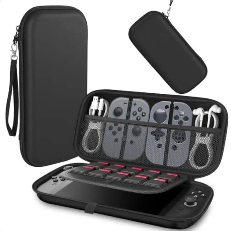 

Переключатель 2 Чехол 2025 с 10 игровыми картриджами и карманами для консоли и аккумуляторов Жесткий корпус Портативный переключатель 2 Дорожный футляр Черный