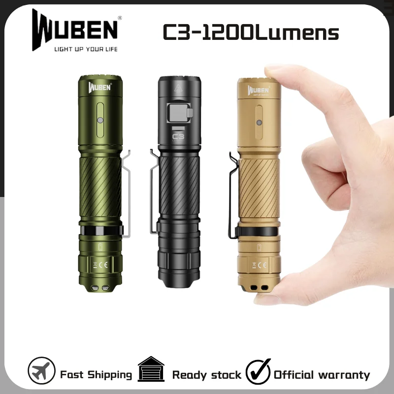 WUBEN C3 Portable Outdoor Flashlight 1200Lumens Type-C Rechargeable EDC Waterproof Troch With 18650 Battery For Camping Hunting
