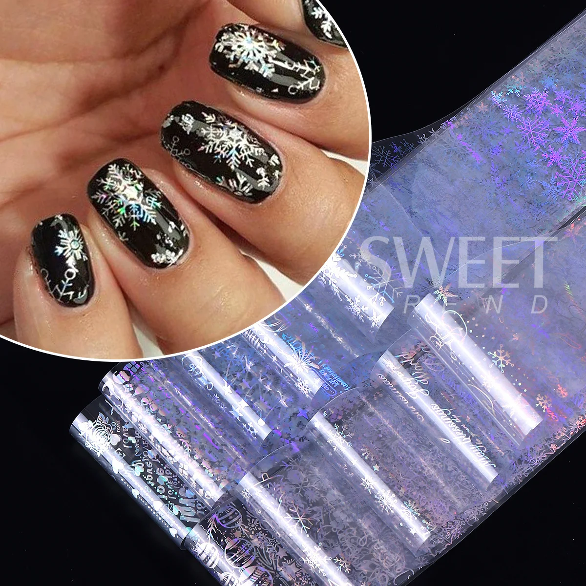 10개 홀로그램 실버 눈송이 네일 전사지 레이저 겨울 크리스마스 트리 불꽃놀이 크리스마스 데칼 새해 매니큐어 슬라이더