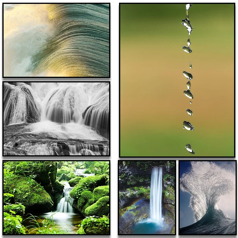 Natural Water Waterfalls Streams Poster Wave Crest Free Flow Canvas Paintings and Print Wall Art Pictures Living Room Home Decor