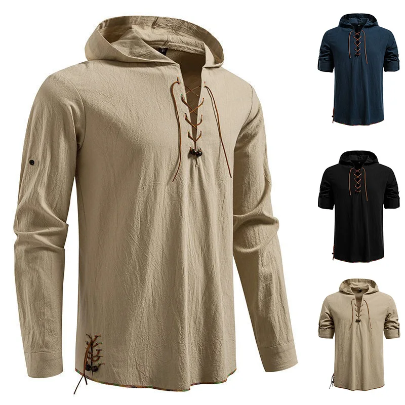 Men's Long Sleeve Hooded T-shirt Cotton Medieval Pirate Lace Up V-Neck Cotton Tops Retro Halloween Party Cosplay Clothing