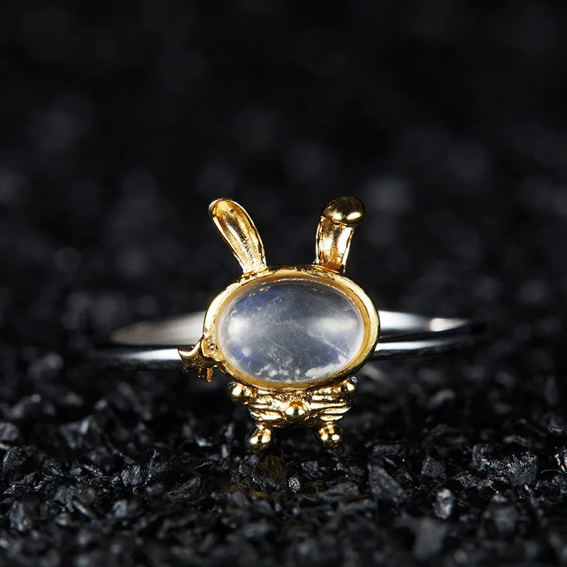 

Niche Design Colorful Gemstone JewelryS925Sterling Silver Inlaid Natural Moonstone Gemstone Ring for Women Small Bunny Ring