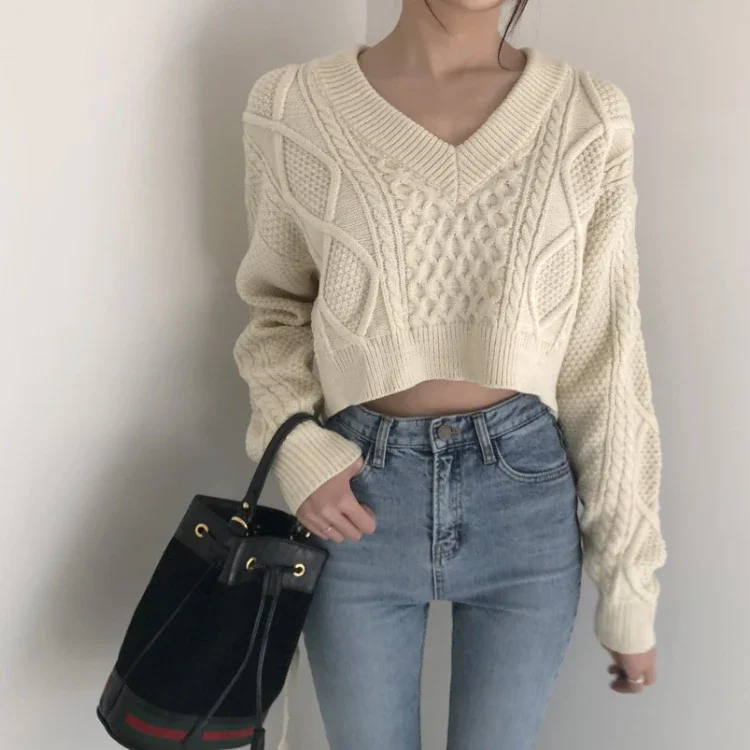 Autumn New V-neck Slim Fit Sweaters Mujer Harajuku E-Girl Back Lace Up Knitted Pullover Y2k Grunge Long Sleeve Tops Women