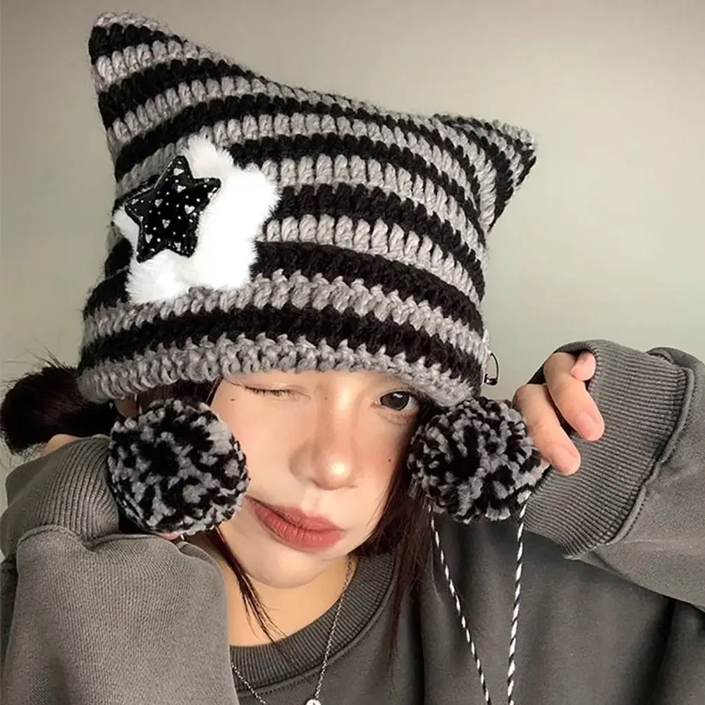 Hip-hop Y2K Beanie Hat Ins Devil Ear Striped Knitted Wool Cap Hip-hop Crochet Cute Cat Ears Pointed Pullover Women's Hats