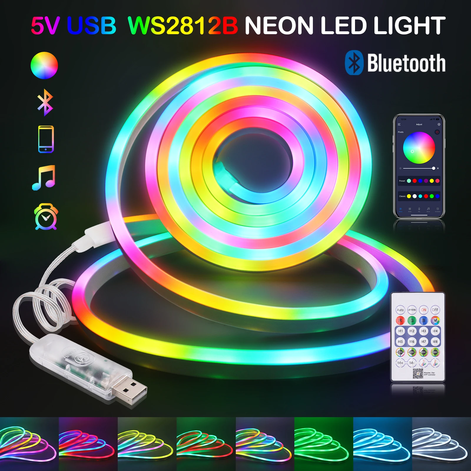 USB WS2812B Flexible LED Neon Light Strips 7X13MM RGB DIY Pixel Addressable Diode Tape Lamp Works with Bluetooth Music Sync IP67