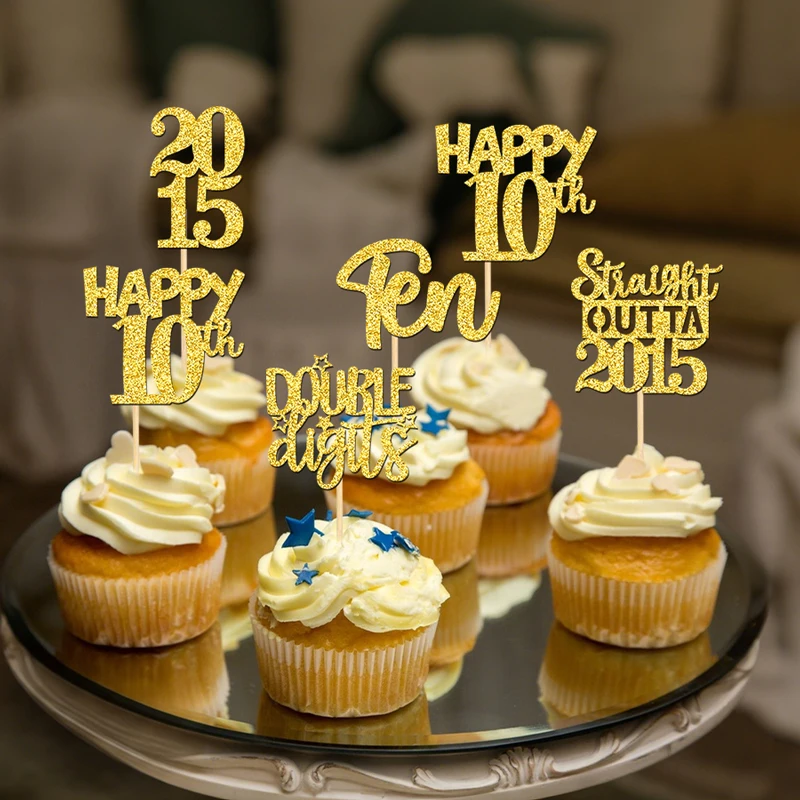 YOMDID 25 Stück Cupcake-Topper zum 10. Geburtstag, glitzernde Cupcake-Topper zum 10. Geburtstag, Jahrestag, Kuchendekorationen