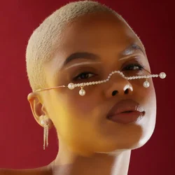 Trendy Pearl Eyeglass Frame for Women Personalized Frameless Pearl Pendant Glasses Makeup Ball Party Face Jewelry Accessories