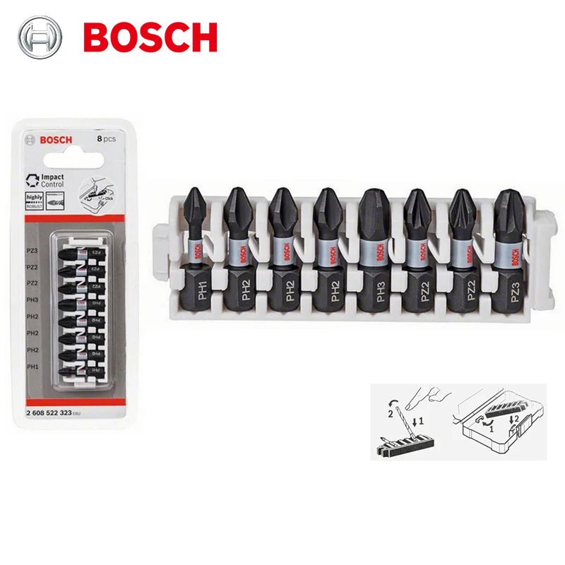 BOSCH 2608522323 8Pcs Screwdriver Bit 1\'\' 25mm S2 Steel Impact Resistant Electric Screwdriver Bits PH1 PH2 PH3 PZ2 PZ3