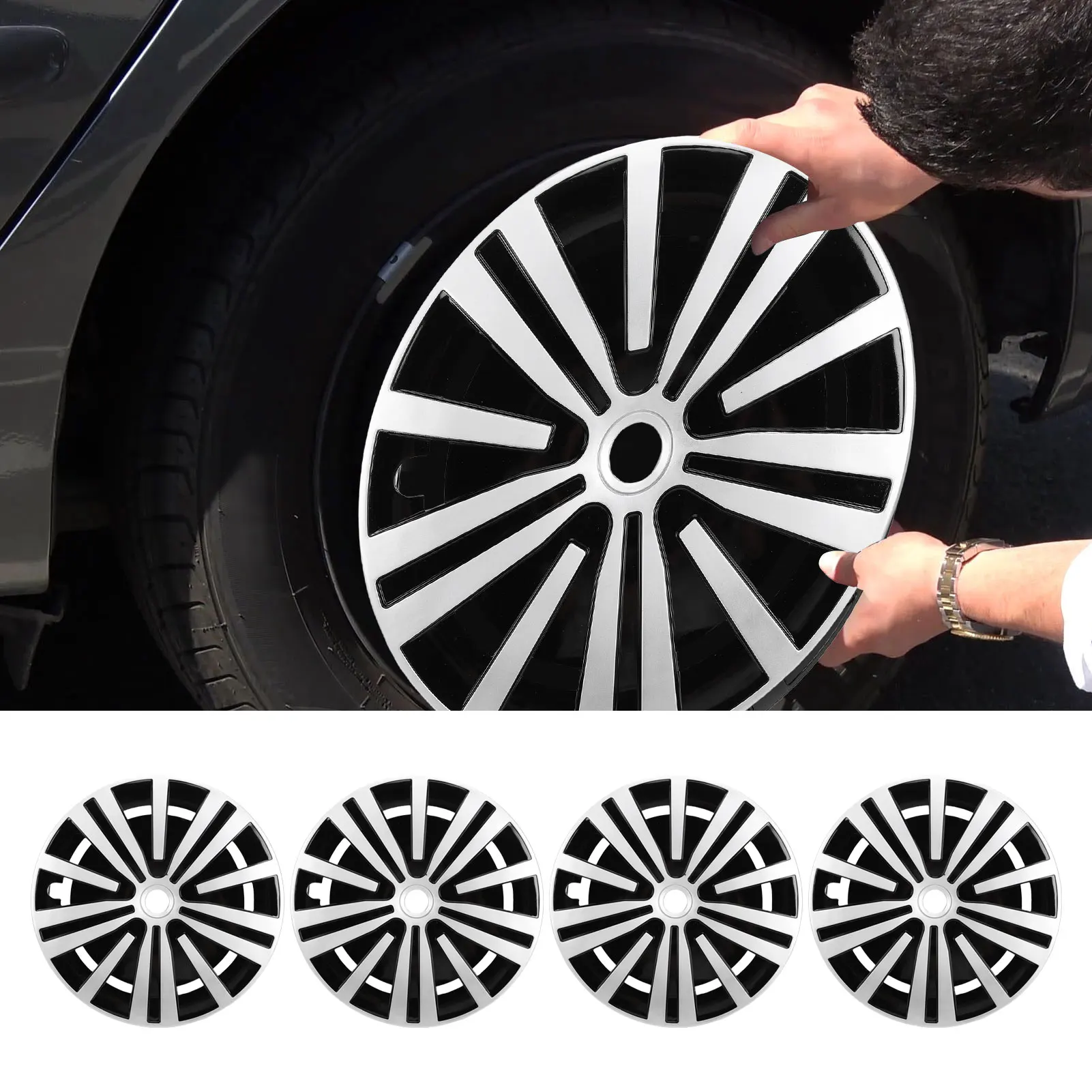 

4 шт., колпаки на колесный обод, 15 дюймов, серебристый, черный, зажим на дизайне, замена для ступицы колесного обода 208