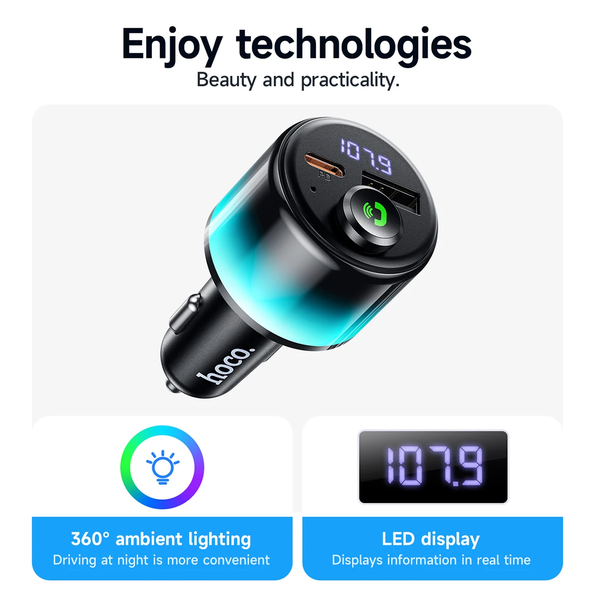 HOCO PD30W QC3.0 Samochodowy Bluetooth 6.0 FM Transmitter Zestaw Głośnomówiący Odtwarzacz MP3 Muzyka 360 Stopni Kolorowe Oświetlenie Ambientowe Zapalniczka Samochodowa — zdjęcie produktu 6