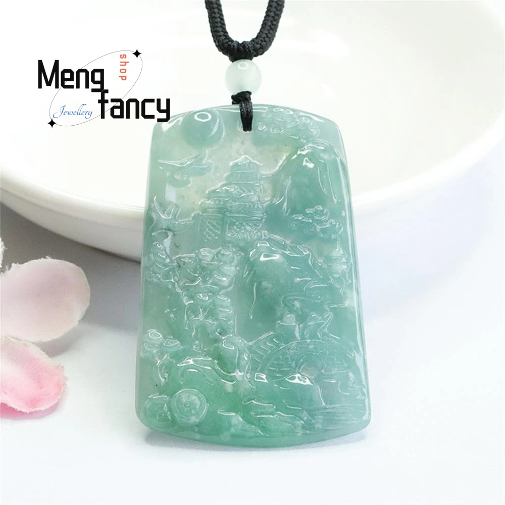 Natural A-goods Jadeite Pendant Blue Water Landscape Plaque Pendant Exquisite High-grade Luxury Fashion Jadeite Holiday Gifts