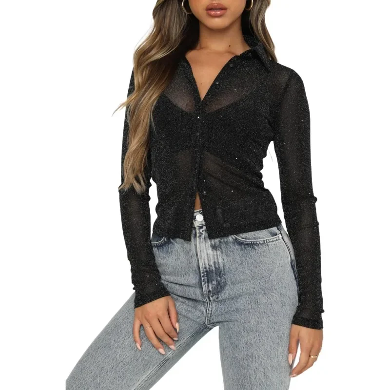 Cárdigan de manga larga para mujer, camisa informal Sexy de Color sólido con perspectiva de malla, cómoda, MYQH12, 2024