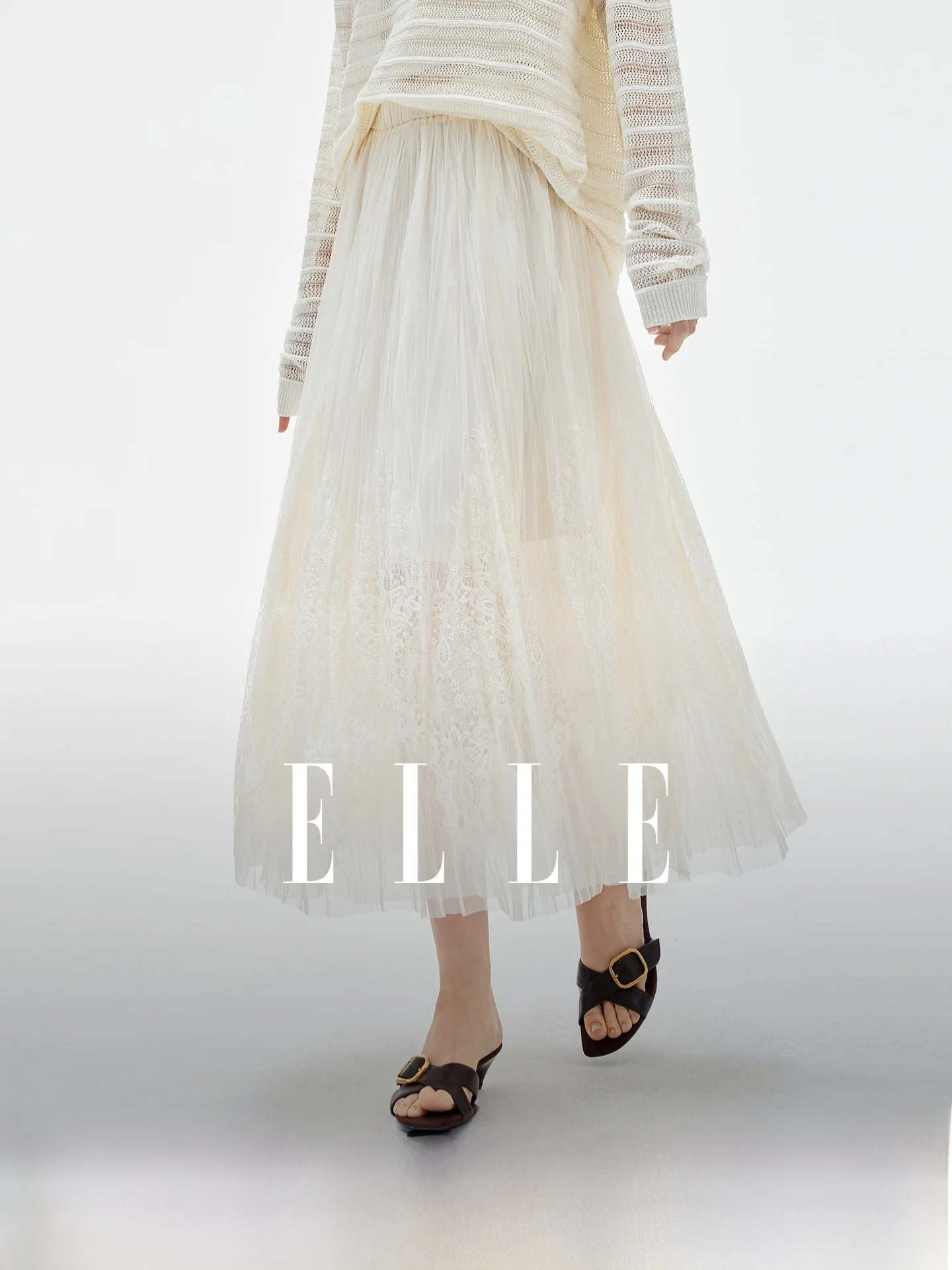 Elegant Lace Splice High Waist Elastic Skirt Women's Fashionable Cake Long Skirt ELLE Brand Commute Simple Style Polyester Fiber