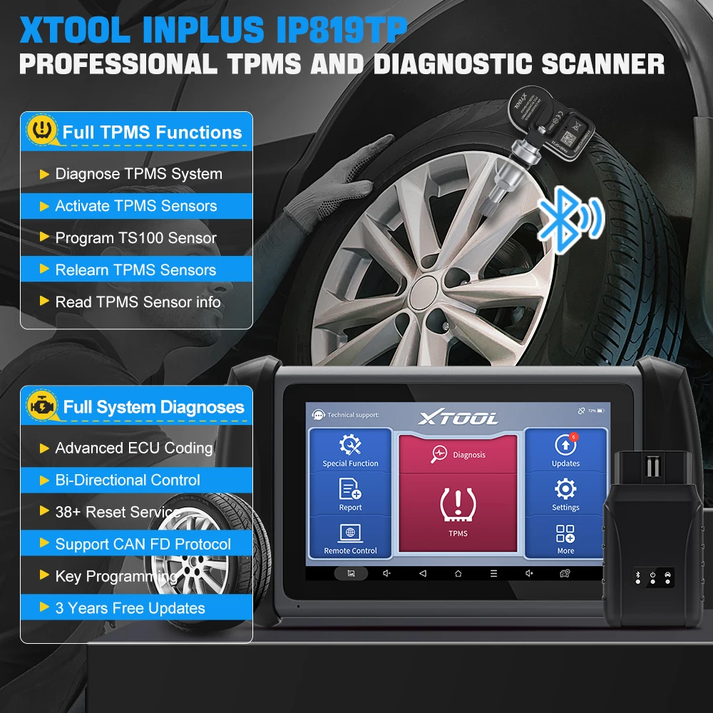 XTOOL InPlus IP819TP TPMS Programming Scanner Bluetooth Car Diagnostic Tools ECU Coding Key Programmer 31+ Services With CANFD